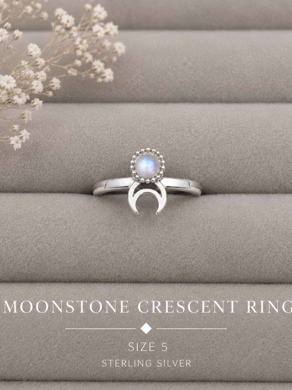 Moonstone Crescent Ring - Silver Polished - Size 5